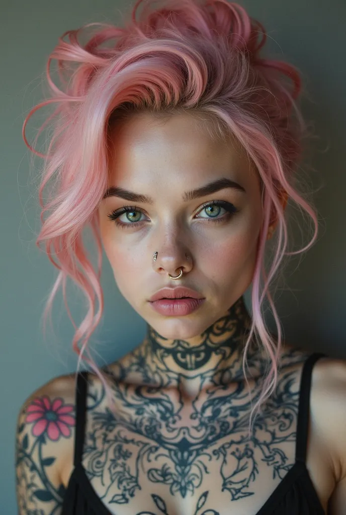 picture of a woman with baby pink hair princess, tattoos, nose, lip piercings 