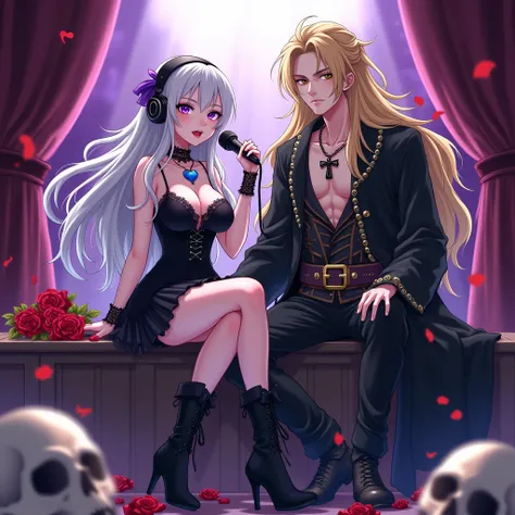 Man and woman. The vampire girl wears headphones and has a radio microphone. Dhalia is the anime vampire witch girl with very long white and purple hair, purple eyes, short black dress, boots and blue heart amulet. The girl is a sexy radio host, She is on ...