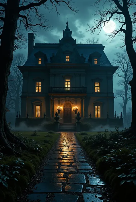 The Veldras Mansion

Camera Angle:
A counter-plongée plane highlights the facade of the gloomy mansion, your windows shining with a pale and mysterious light.

 lighting:
Flickering candles light up the corridors, casting disturbing shadows on the walls.

...