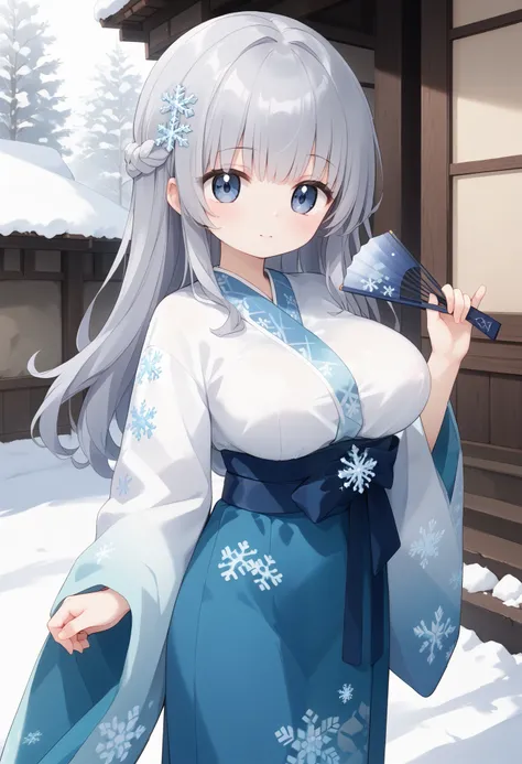 highest quality、white retro modern furnitures、 Snowflake decoration on kimono、long straight gray hair、 hair down、white flower and snowflake hair ornament、Sister、Soft and fluffy、Gentle、cute、Big Breasts、in the ruins、 Slim waist、holding a blue fan in their ha...