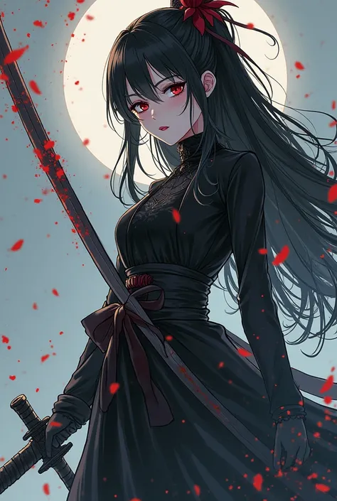 anime image of a woman with a sword in her hand, an anime drawing inspired by Kusumi Morikage, tumblr, gothic art, style is a blend of æon flux, style mix of æon flux, 1 7 - year - old anime goth girl, gothic maiden anime girl, in a mixed style of æon flux...