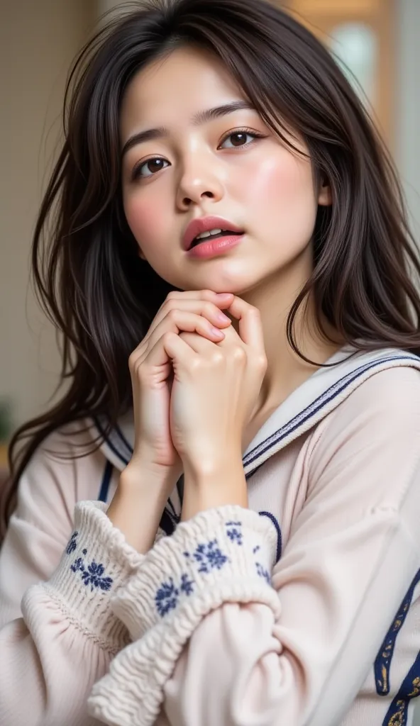  Breathtaking Beauty ,  perfect composition, ((top quality)), ((最高masterpiece, top quality, masterpiece, High sensitivity, High Resolution, up to the entrance, Adorable face with playful smile)),  Slender Woman, Anxious face, I'm closing my lips, glass, tr...