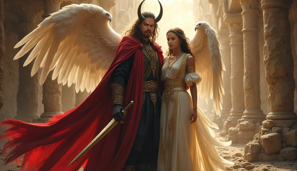 Using the reference image face, Create a demon man with medium long hair wearing a grand royal radiant dark red and black blended robe, a fantasy sword in one hand and a breathtakingly beautiful angel wearing a grand golden white robe beside him, surrounde...