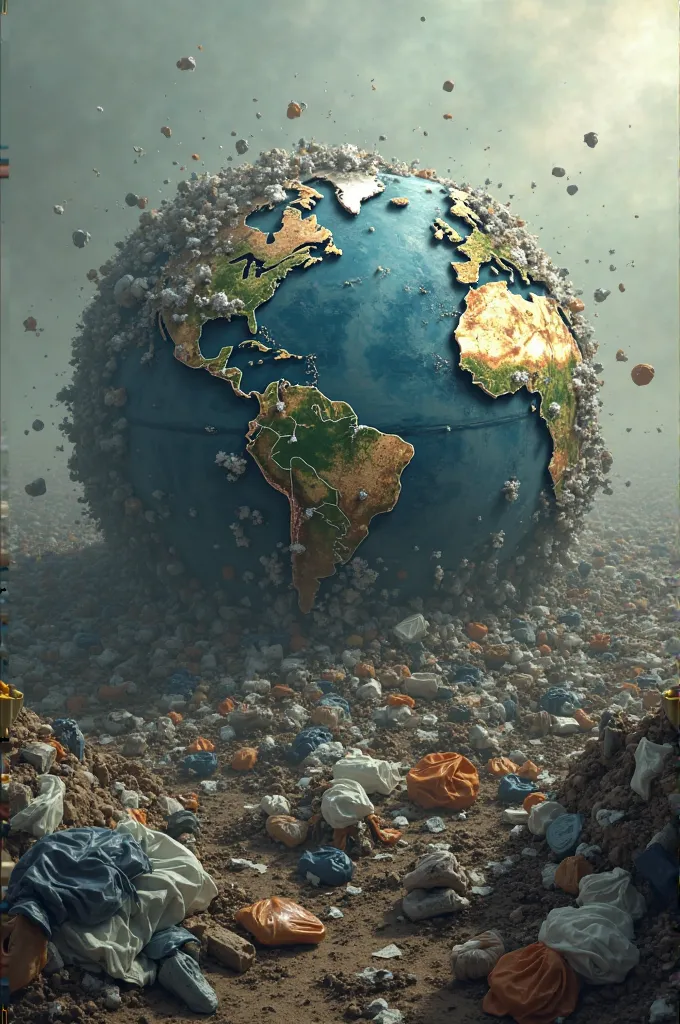 Could you create an image with the theme of the "overconsumption" that there is in the world, I would like planet Earth as the main element where it is contaminated by companies, the textile industry and pollutants