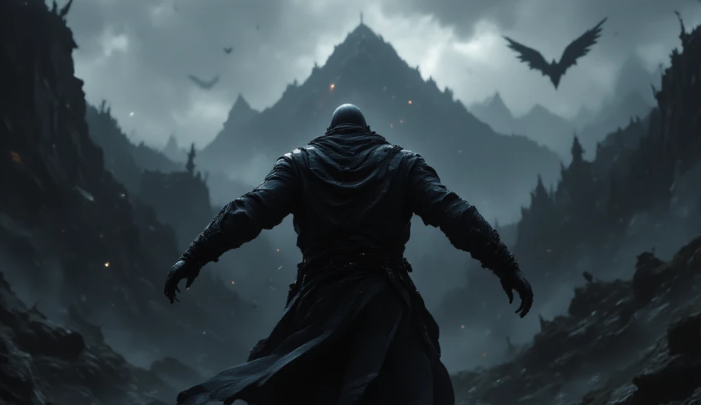 Live camera, realistic man in a full-length black coat, A warrior in armor and a cloak, grey, dim world, dilapidated landscape, oppressive atmosphere, it&#39;s raining, arms outstretched, runs away from the mountain High quality, high resolution