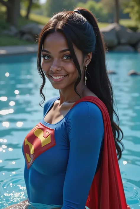 (SWIMING IN A CRYSTAL BLUE LAKE) SEXY BLACK AFRICAN 17-YEAR-OLD FEMALE COSPLAYER WITH crystal BLUE EYES **"FULL ENTIE BODY STANDING POV OF A stunning, highly detailed, and ultra-realistic portrait of a SEXY BLUE EYED I GIRL, proudly wearing the iconic RETR...