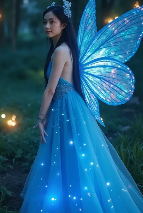 A breathtakingly realistic fantasy portrait of an enchanting fairy, captured in a close-up shot with a shallow depth of field. The fairy has long, luxuriant dark blue hair cascading down her back like a flowing waterfall, highlighted by soft lunar light. S...