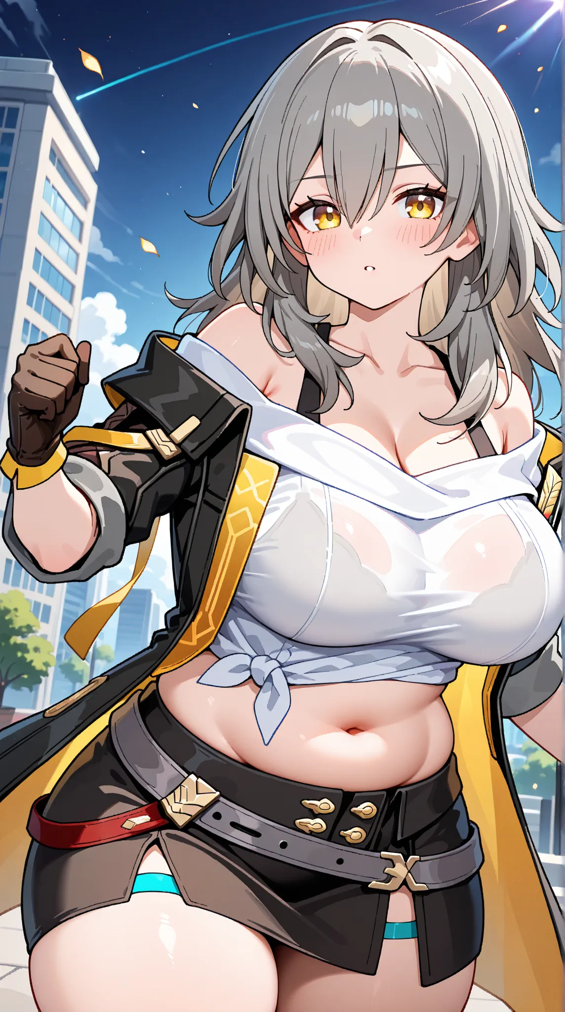 stelle (honkai: star rail), trailblazer (honkai: star rail), 1girl, solo, long hair, looking at viewer, blush, gloves, hair between eyes, large breasts, thick thighs, collarbone, white shirt, yellow eyes, grey hair, cowboy shot, outdoors, open clothes, med...