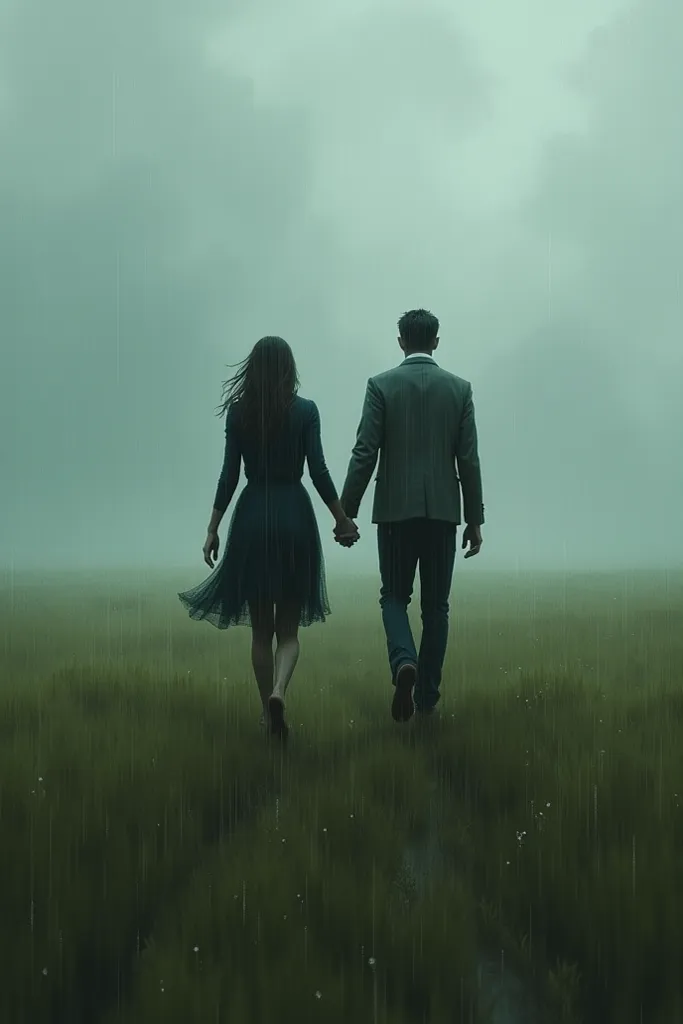 Holding hands walking in the rain on the field 