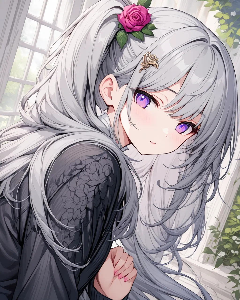   girl,( long flowing hair ),   Detailed skin  ，((  masterpiece,   Best Quality ))++, delicate lighting+, Fine Hair+, Detail Hand+ , miss, Light purple eyes,  beautiful eyes , Young white hair,(Beautiful grey hair :1.5),(  beautiful and delicate eyes ), {{...