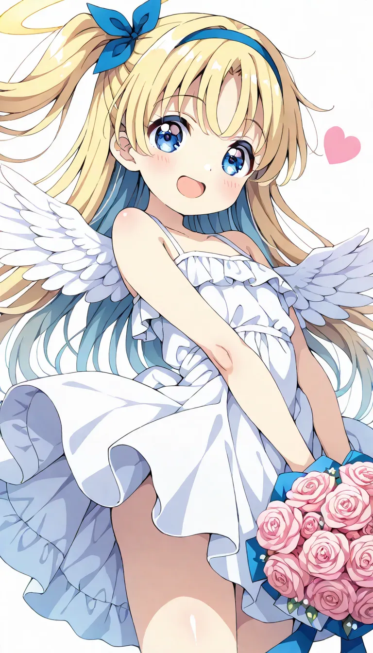 (Highest quality, Simple white background:1.2),  nsfw, (top-quality、​masterpiece:1.2), (lovely), a angel girl, solo, in a short skirt and a white dress, large silver wings on your back , {beautiful Sapphire blue eyes :1.2}, small curvy loli, loli in dress,...