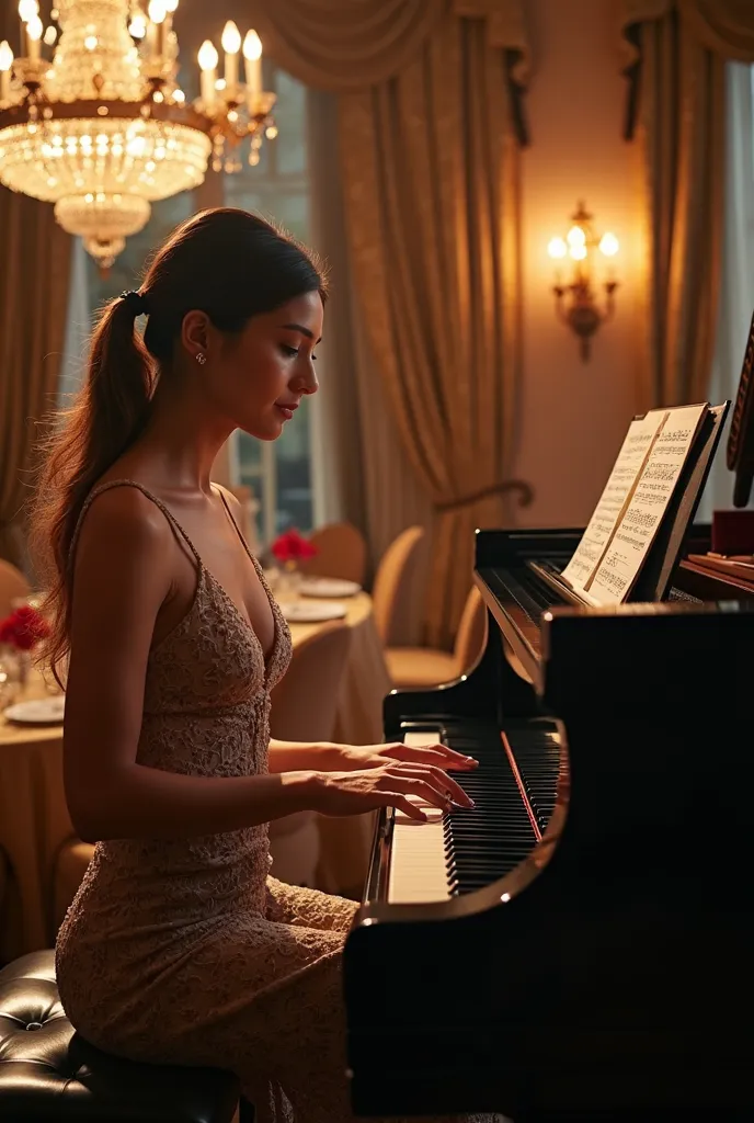 woman playing piano in a fancy dining room with chandelier,  Luxurious environment ,  pianist , playing piano, grand piano, attractive man playing piano, attractive male playing piano, excellent composition, đàn piano,  music being played , đàn piano ở phí...