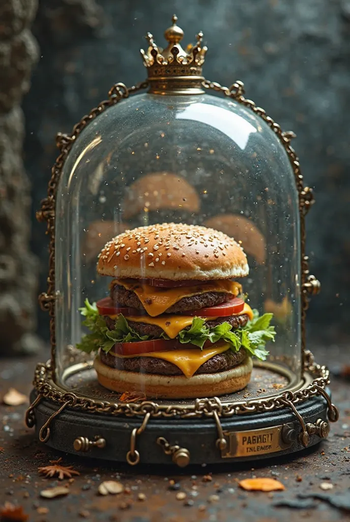  Show a hamburger inside a glass dome, with a small crown on the top. The dome is protected with many chains and an advanced security system.. On the front of the dome, there is a sign with a name that identifies the brand Burger King, like 'King's Dome' o...