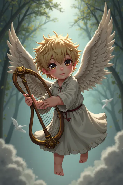 Little angel with wings flying with a harp in his hand, with a scary air, a calm face, with eyes that show their true cruel nature in a subtle way, anime style, reslistic style