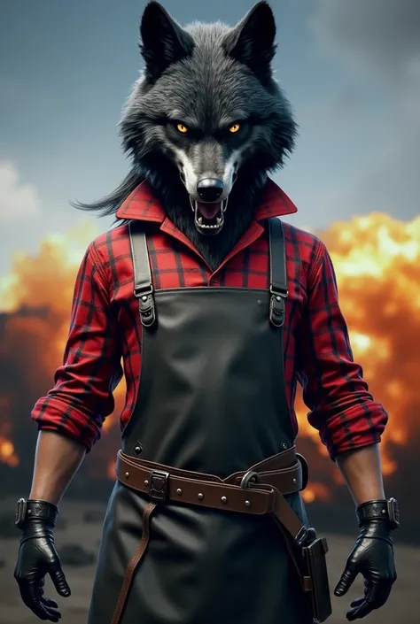 Create a pubg character with a black wolf head, red checkered red shirt with a leather apron, black leather shiny high gloves,black pants leather high boots