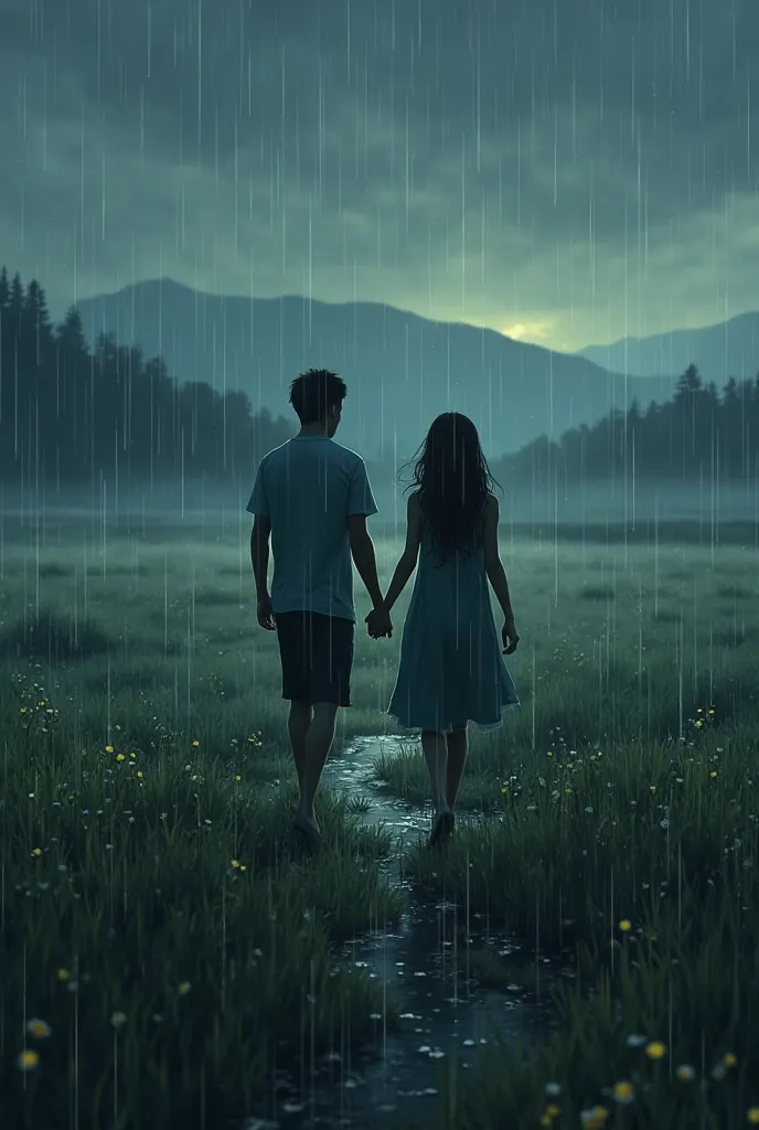 Holding hands walking in the rain in the field at night 