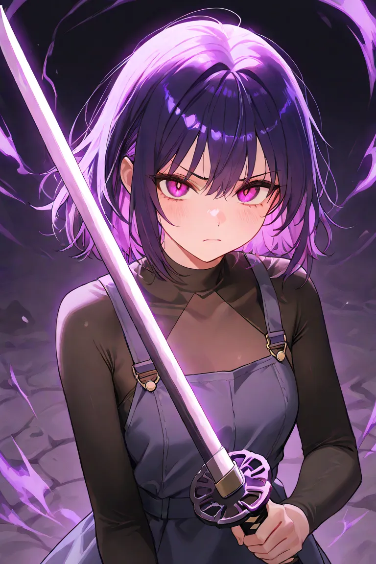  Male, purple hair,  short hair ,  handsome face , WEAR A BLACK NINJA DRESS, Sharp Eye, Holding Katana Sword