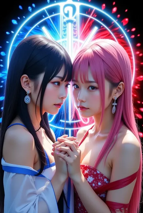 fantastic anime-style illustrations。two beautiful Japanese characters will face off、 holding hands。One side is a girl with black hair、wrapped in blue and white colors、cool and mysterious atmosphere。The other side is a girl with pink hair、wrapped in red and...