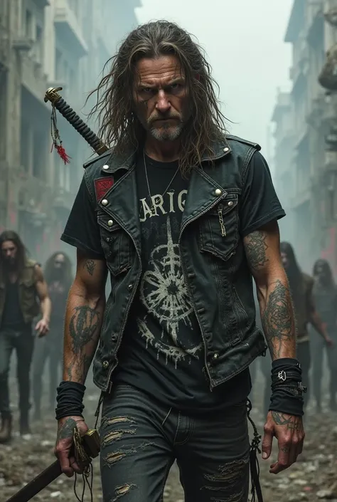 A metalhead similar to Varg in a zombie apocalypse and with a katana 
