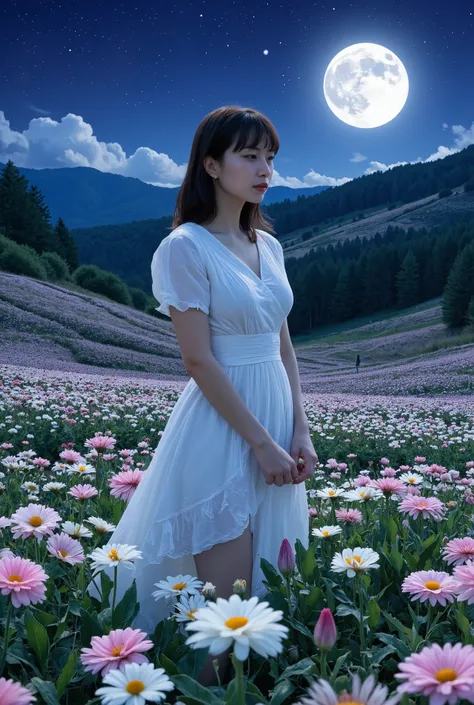 Create an image of a stunning 20-year-old Japanese girl with fair skin stands gracefully in a moonlit flower field. She has medium-length straight hair with parted bangs, and she wears a white summer dress. The background features a stunning patchwork of f...