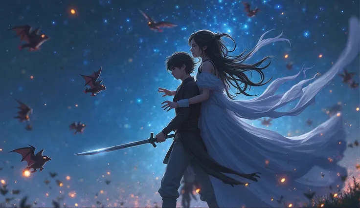  fantasy。Attacked by many flying demons、A young man who cries and closes her eyes。Young man hugging and defending with an angry face while fighting with a sword。Stars that shine like crystals at night。4K