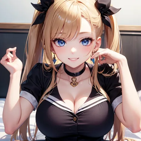 
golden bronze hair. Dress is simple and looks great ,   sexy girl   ,   big breasts ,  whole image ,   silver blue eyes   , Wear earrings , ,   Smiling face gently, cunning  ,   alone ,   schoolgirl   , Azur Lane Style Pictures   , Anime Style Pictures