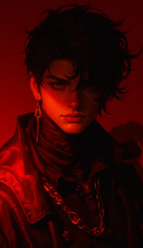 Create an intense, evocative portrait in the Japanese retro anime style of the 80s and 90s. The scene features a male bathed in deep dark light. The background is stark, with sharp contrasts highlighting the contours of he form. The red and orange and blac...