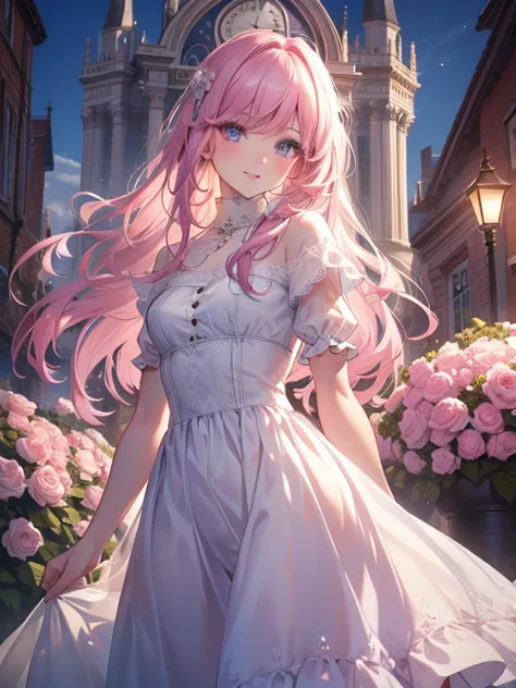 A girl with pink hair and pink eyes wearing a stylish dress with a long skirt and a red rose-themed dress is walking in a clock tower.🌹🌹🌹