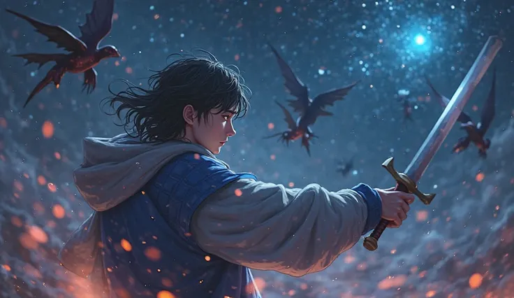  fantasy。Attacked by many flying demons、A young man who cries and closes her eyes。Young man hugging and defending with an angry face while fighting with a sword。Stars that shine like crystals at night。4K