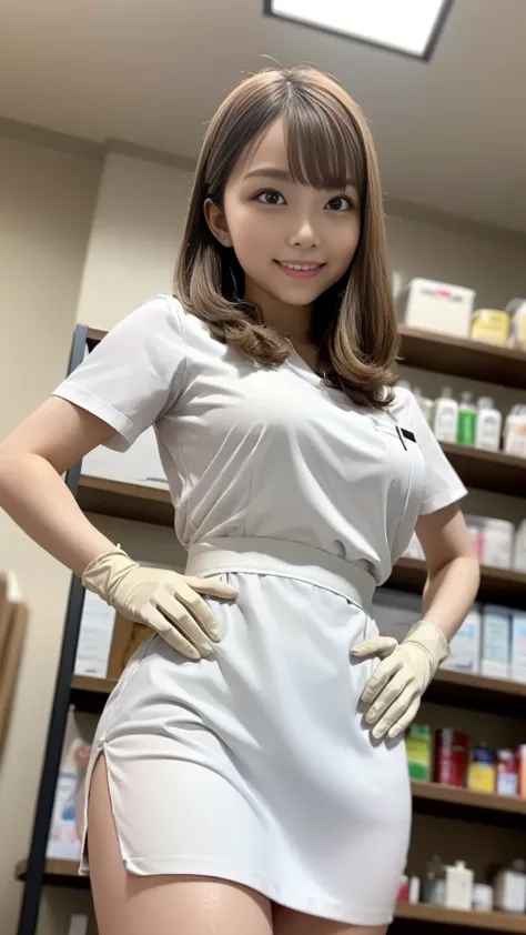 ((White Nurse uniform:1.2、nurse cosplay:1.1))、The perfect micro size for the body、skirt、Medium breast、 layer style、blond hair、Straight Bob Hair、smile、(white rubber gloves)、(White Mask:1.3)、smile、Standing in front of the medicine cabinet、Inside the hospital...