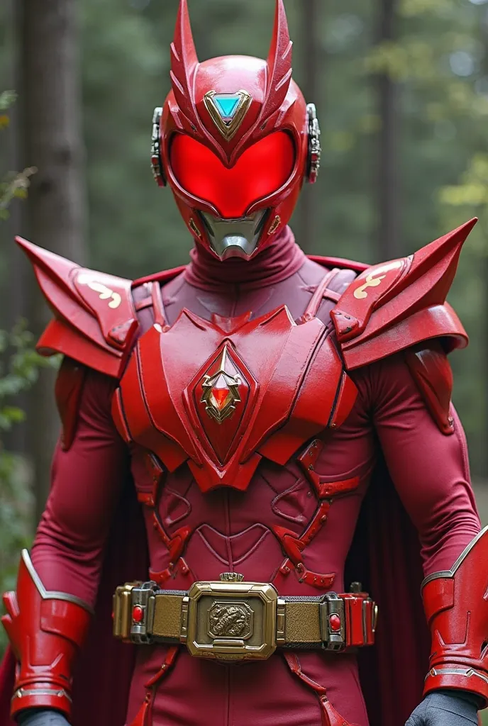 a red super sentai with a red visor in the shape of a bat, a jewel on his right chest with the same symbol, Bat wings on the shoulder pads, It has no cape and has a gray metal glove with a smartphone-shaped card scanner located on the wrist, a golden belt ...