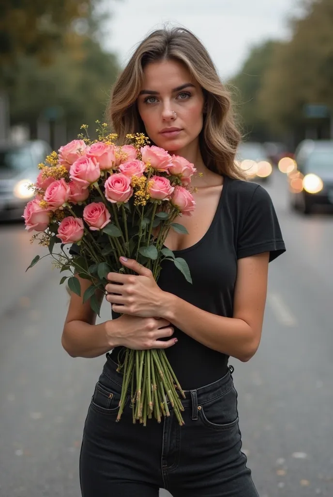 Modern woman in black jeans hugging a large bouquet of flowers from the front, with it covering the front of her body. She is wearing a black t-shirt that shows her cleavage a bit, She's in the middle of the street with the cars with their headlights on

