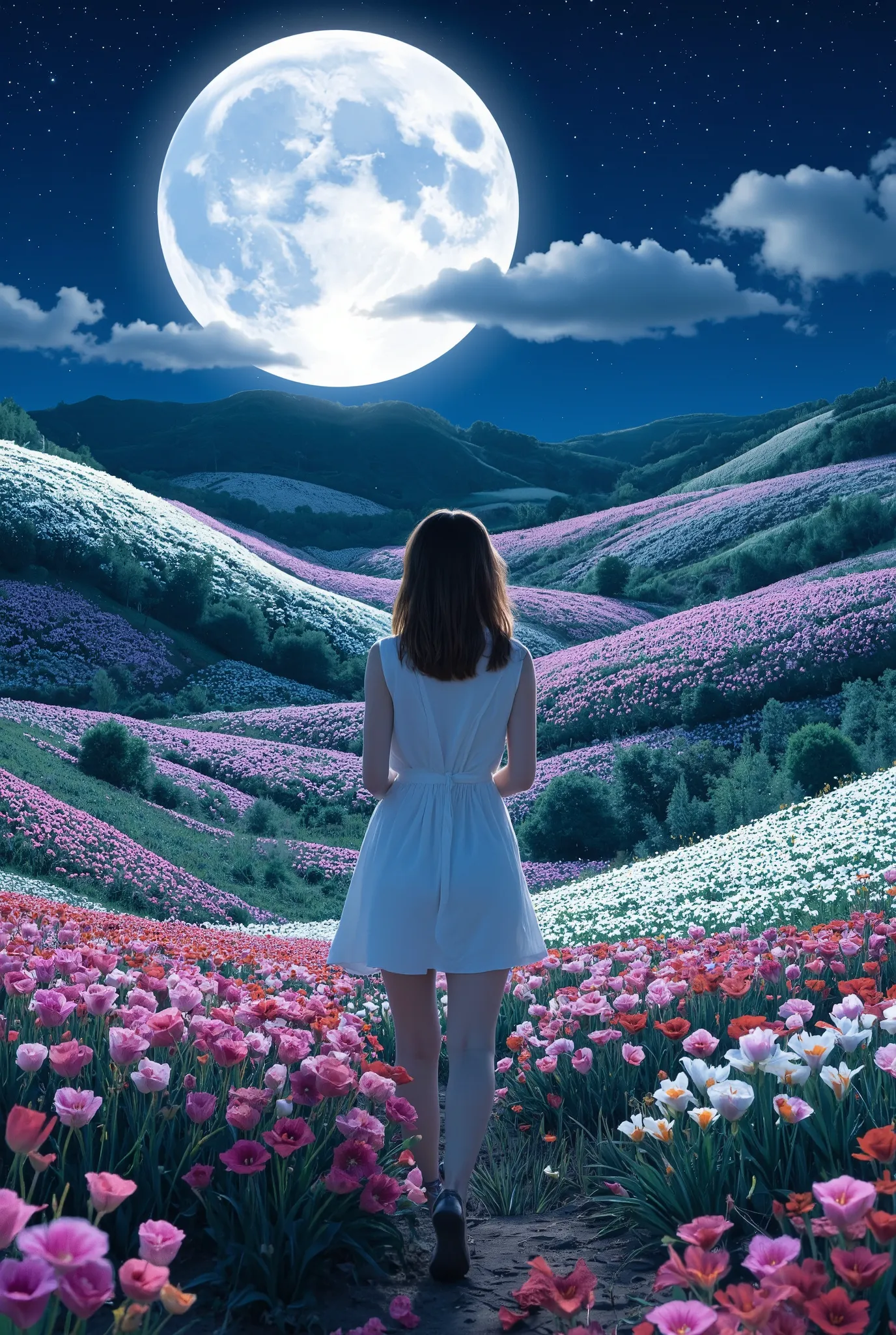 Create an image of a stunning 20-year-old Japanese girl with fair skin stands gracefully in a moonlit flower field. She has medium-length straight hair with parted bangs, and she wears a white summer dress. The background features a stunning patchwork of f...