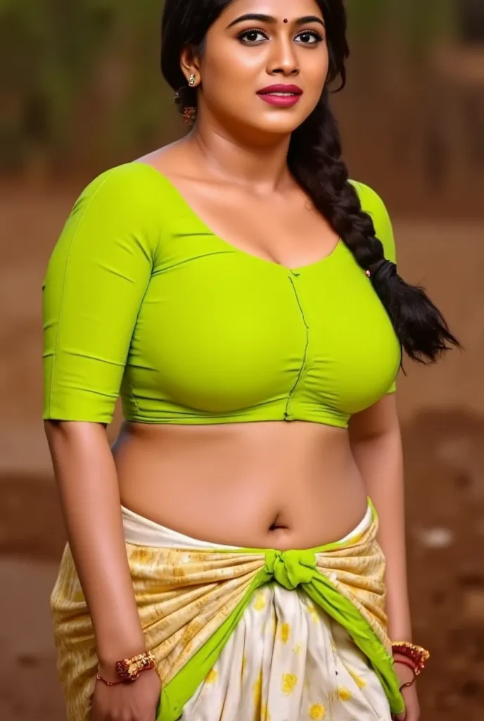 photo of kerala plus size mallu aunty, wears lime yellow full sleeves blouse fleshy hands and white and yellow design saree, she has  Short fluffy cleavage, wide fleshy big booty