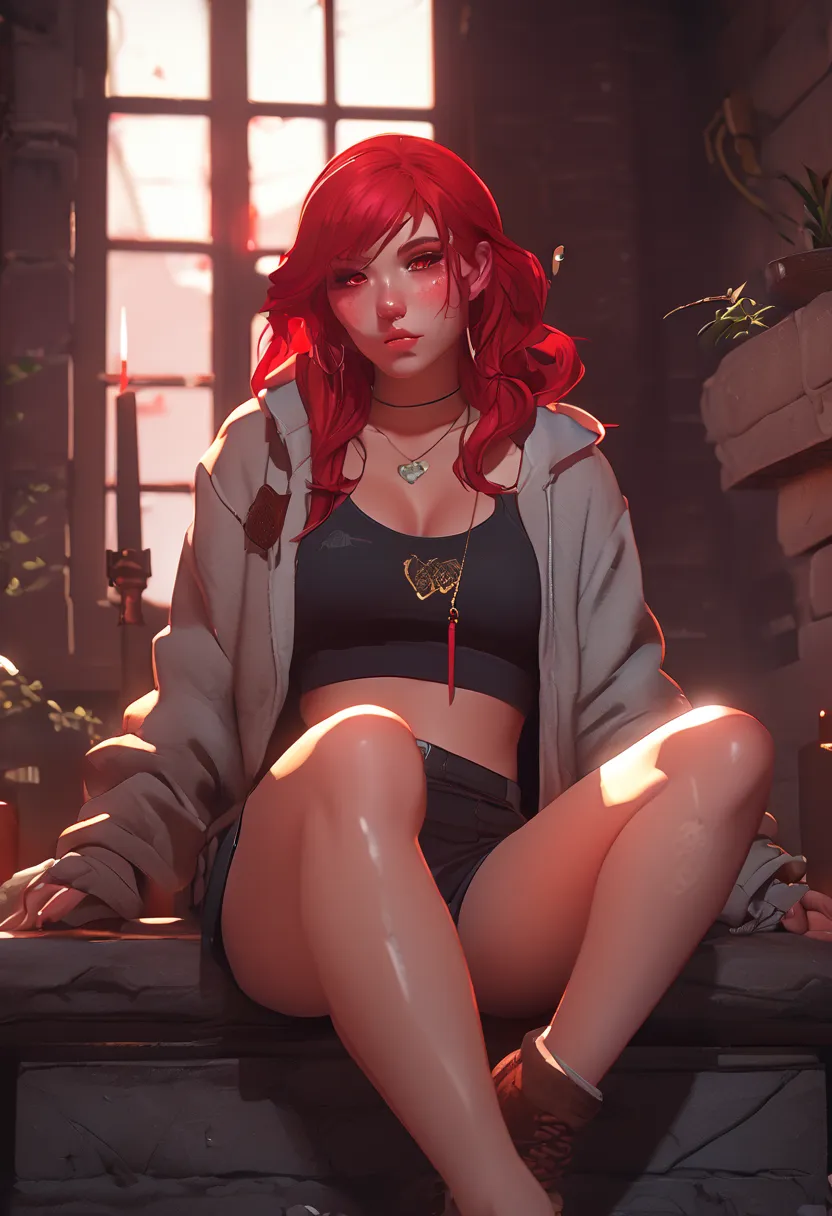 Girl with red hair and thick thighs sitting by fireplace. Short shorts. Sweaty thighs. morose expression. red eyes, blushing, focus on thighs, Dragon in background, inside of an inn, muscular thighs, thick thighs, red eyes, cat ears, muscular, brown tunic,...