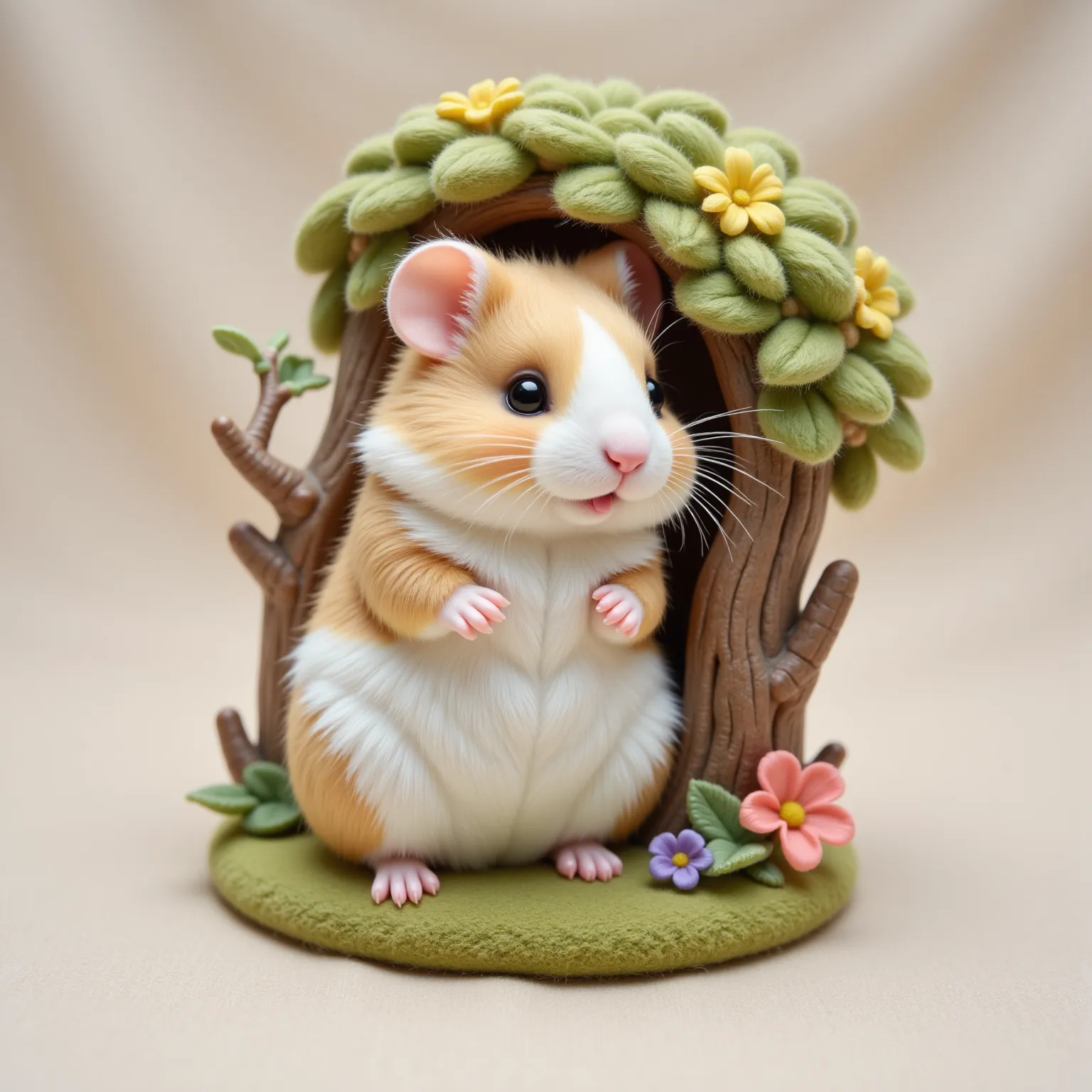 "Journey to a land where fantasy and reality entwine, and there you will find a hamster, sculpted with masterful hands from the softest threads of love and meditation. (A symphony of beige and pastel hues dances across its surface, creating a vista of calm...