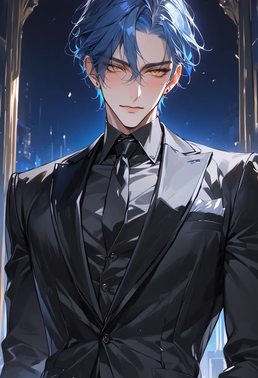 (Masterpiece, high resolution, best quality), solo, 1 male, 25-years old man, handsome, short-straight and blue hair, yellow eyes, tall, black suit, black dress shirt, upper body, blush, looking at viewer, bright background