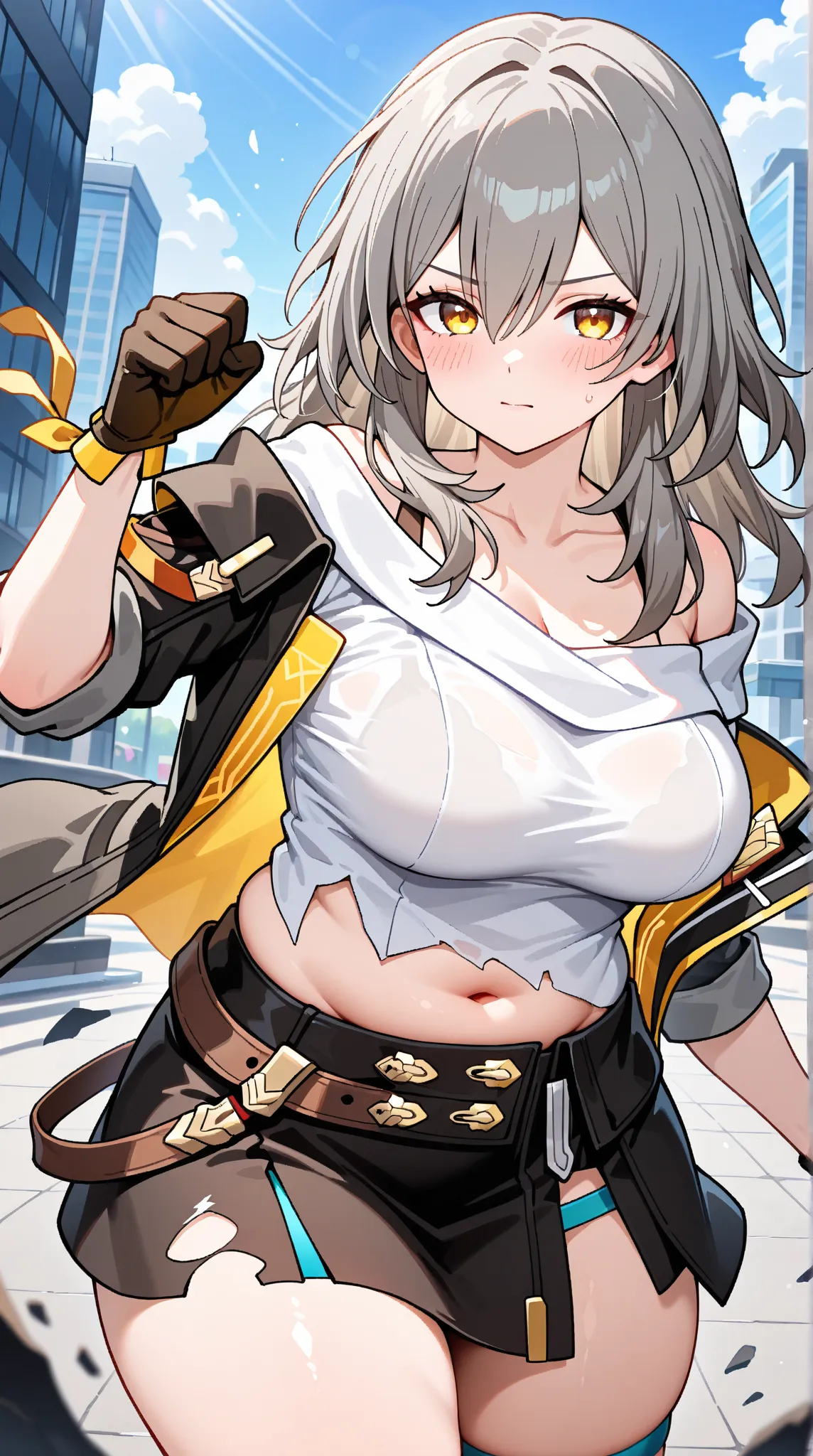 stelle (honkai: star rail), trailblazer (honkai: star rail), 1girl, solo, long hair, looking at viewer, blush, gloves, hair between eyes, large breasts, thick thighs, collarbone, white shirt, yellow eyes, grey hair, cowboy shot, outdoors, open clothes, med...