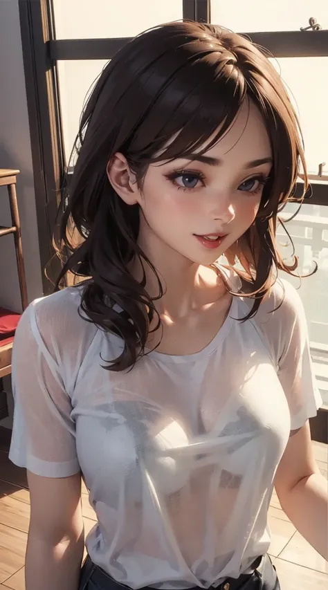 seductive sexy body wink girl, see-through-silhotteu (shirt), fair-skinned, V,  see-through, solo, soft lighting, at window,  Puteri-Purut, 3d,  Puteri-Purut, 3d, gongsun li,