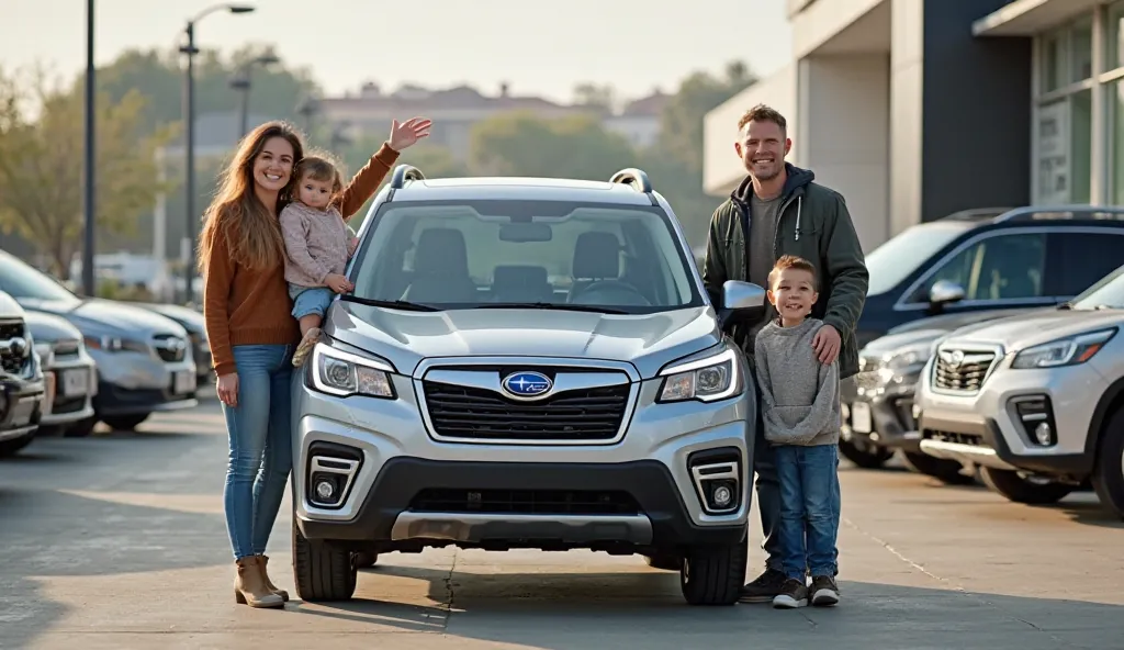 A happy family standing beside the white 2025 Subaru Forester Hybrid in a dealership lot, celebrating their new purchase.* 