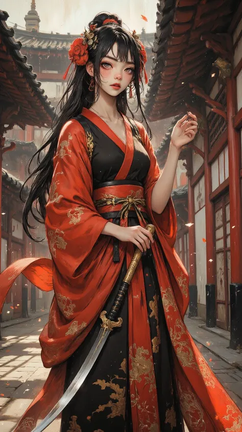 A high-quality girl,Japanese female samurai,Handheld sharp pipe, Sharp Eyes ,dressed in traditional kimono,standing in a Japanese courtyard, Sunshine Falls ,Gentle atmosphere,Highly Realistic,4K,Exquisite detail, Professional painting , Natural Tone ,Like ...