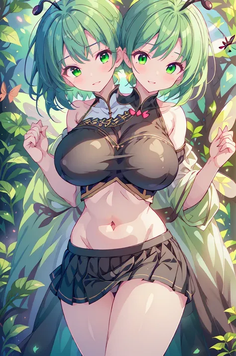 (masterpiece, best quality),best quality, (ultra-detailed), ((3heads:2.0)), 1girl, (wriggle nightbug:1.3), masterpiece, best quality, ultra quality, ultra resolution, ultra detail, (white crop top:1.5), crop top, ((stomach)), midriff, ((groin)), (black ski...