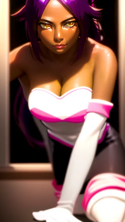 {{masterpiece, ultra-high quality, ultra detailed,}} yoruichi shihouin, long hair, (yellow eyes:1.5), ponytail, purple hair, dark skin, dark-skinned female, rouge cosplay, breasts, white gloves, bare shoulders, thigh boots, bodysuit, white footwear, cleava...