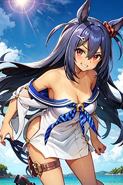 Hishi Amazon、One person、 girl 、best quality, blue sky, sailor collar, wide sleeves,  Blue Neckerchief , white shirt, sailor dress, thigh strap, blue footwear, tanlines, bikini tan, off shoulder, cleavage, bare shoulders,smug,grin