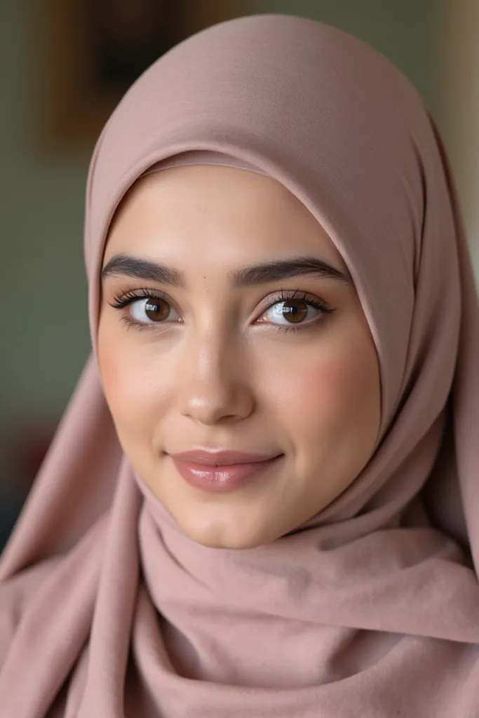 Visualize an image that exudes effortless elegance as we explore a closeup of a Hijabi woman's face without makeup or cosmetics. Her timeless grace and purity of expression are a testament to the beauty that comes from within, creating an unexpectedly capt...