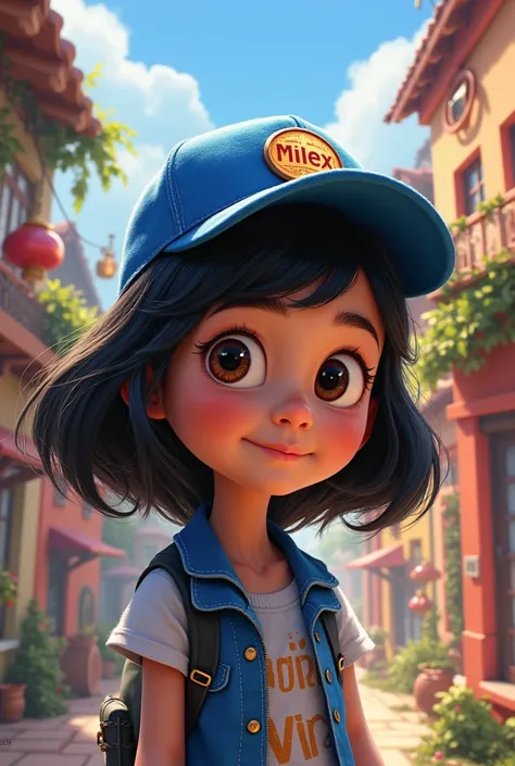 A Pixar-style poster featuring a girl with black hair and a blue cap with a sign that says MILEX 