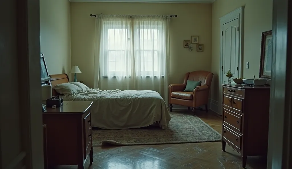 Bedroom scene with disturbed furniture: An empty bedroom with a simple bed and disturbed objects, possibly due to Andrea's panic or anxiety. This is the space where she discovers important documents and dark secrets of the Anderson family, shows her stress...