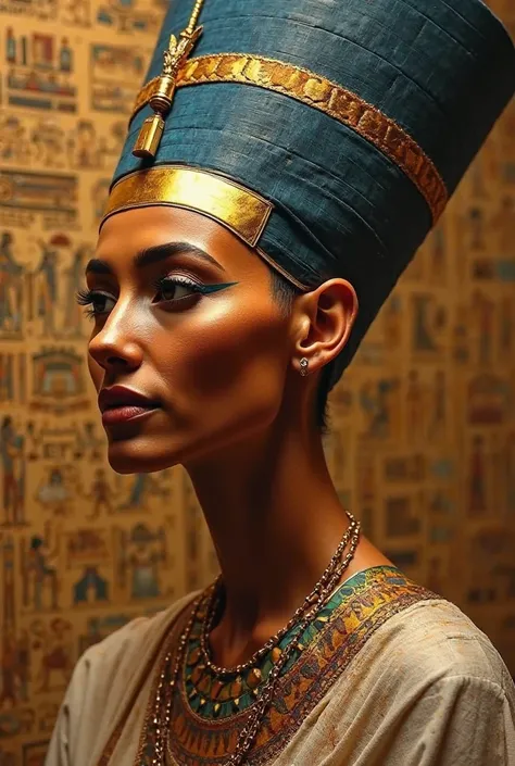 "A highly detailed and realistic portrait of Queen Nefertiti, representing it with fine and noble features, traditional Egyptian makeup and her iconic blue hat. The image must convey its elegance and power, with warm tones of gold and lighting that refers ...