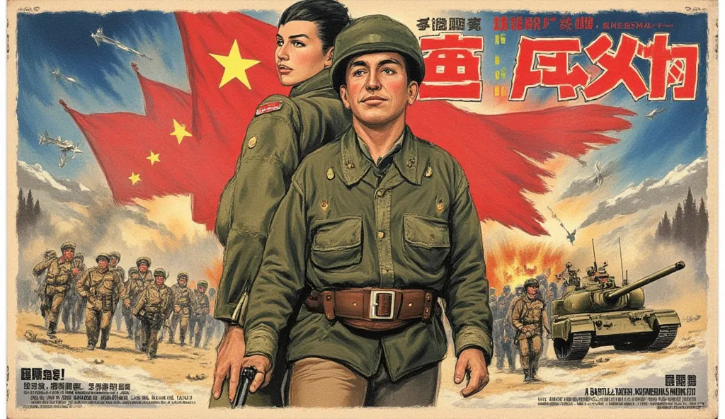 *“Vintage illustrated war propaganda poster from the 1950s, depicting the Korean War. A determined American soldier in a rugged uniform stands in the foreground, gripping his rifle with a resolute expression. Beside him, a South Korean ally stands firm, sy...