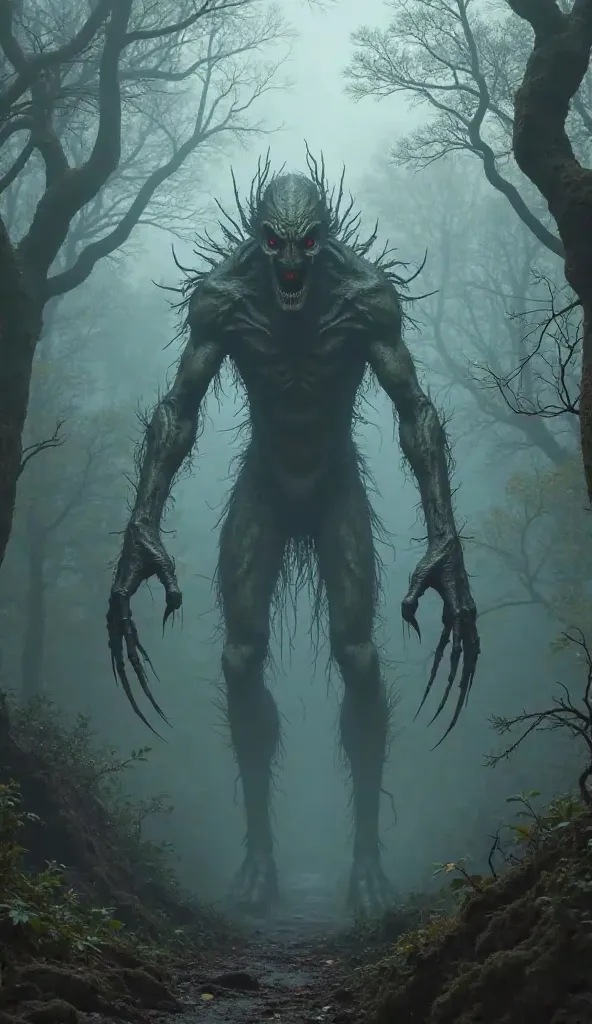 
A scary creature in a dense forest with lots of fog, ultra realistic and detailed image 